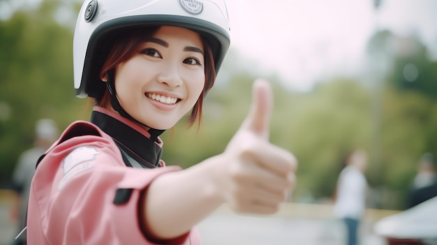 A woman wearing a helmet giving a thumbs up Generative AI