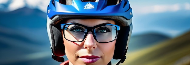 Photo woman wearing helmet and glasses stands confidently before towering mountain backdrop ready for adventure and explorationshe may be gearing up for bicycle ride or some other outdoor activity