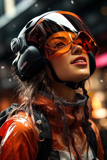 a woman wearing a helmet and headphones is wearing a helmet