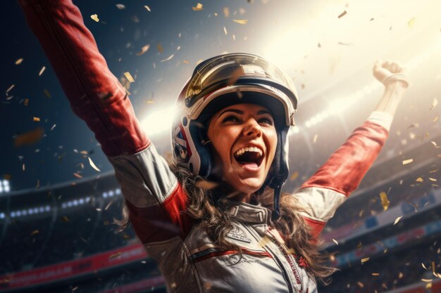 Photo a woman wearing a helmet raises her arms in the air this image can be used to depict excitement victory or celebration