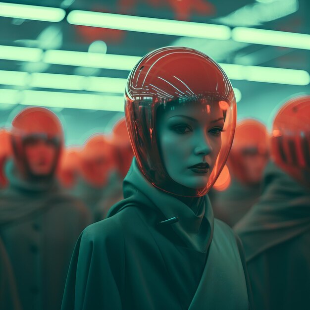 a woman wearing a helmet and standing in front of a group of people