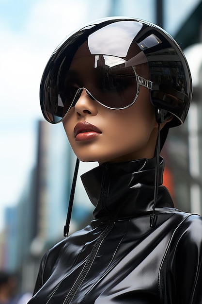 Foto una donna che indossa un casco e occhiali da sole