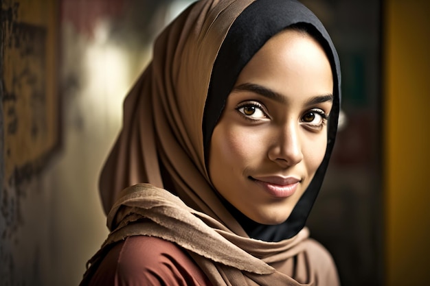 A woman wearing a hijab and a brown scarf