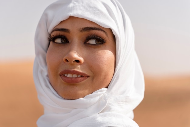 Foto donna che indossa l'hijab nel deserto