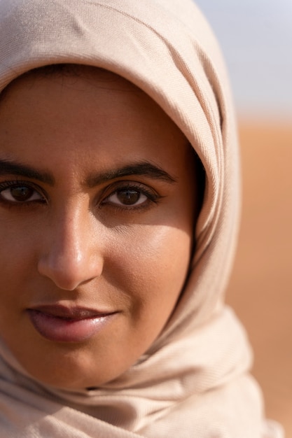 Foto donna che indossa l'hijab nel deserto