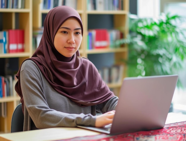 ヒジャブを着た女性がデスクでラップトップに座っています 職場でのラマダンの画像