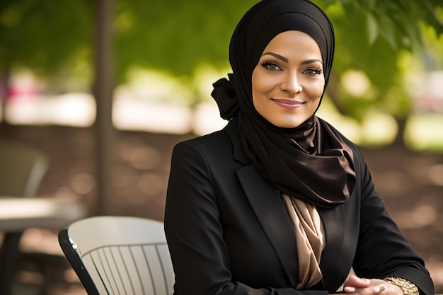 A woman wearing a hijab sits in a chair in a park