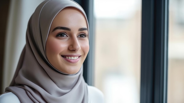 A woman wearing a hijab and a white jacket looks out a window.