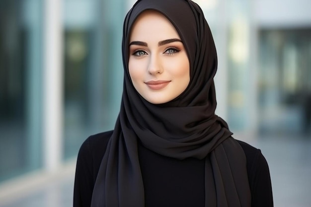 a woman wearing a hijab with a black hijab on it