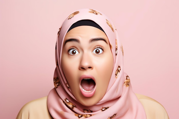 A woman wearing a hijab with a pink scarf that says'hello'on it