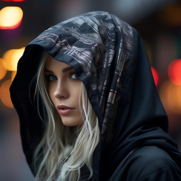 a woman wearing a hooded jacket on a city street