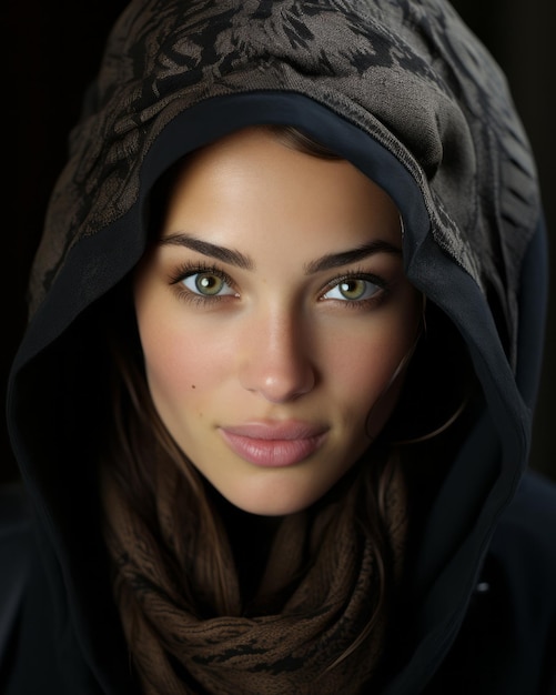 a woman wearing a hooded jacket and green eyes