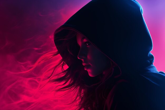 a woman wearing a hoodie in front of a red and blue background
