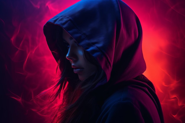 a woman wearing a hoodie in front of a red and blue light