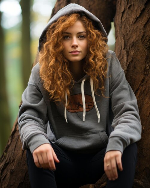 a woman wearing a hoodie sitting on a tree trunk