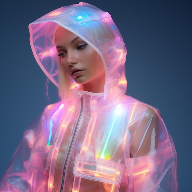a woman wearing a hoodie with lights on it