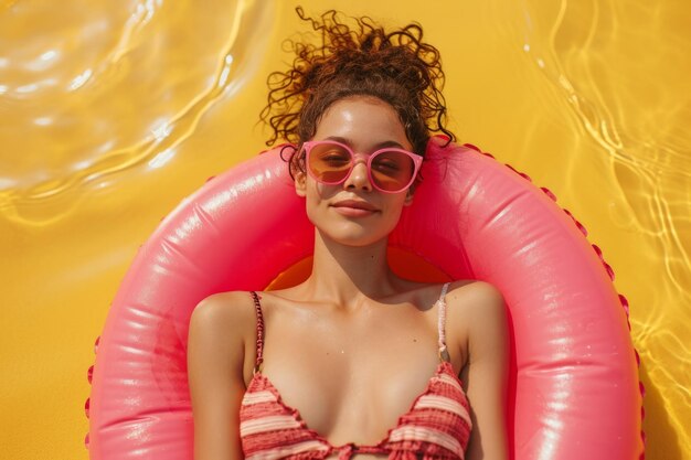 a woman wearing an inflatable ring on a yellow background