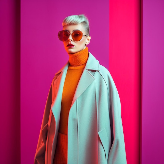 A woman wearing a jacket and sunglasses stands in front of a pink wall