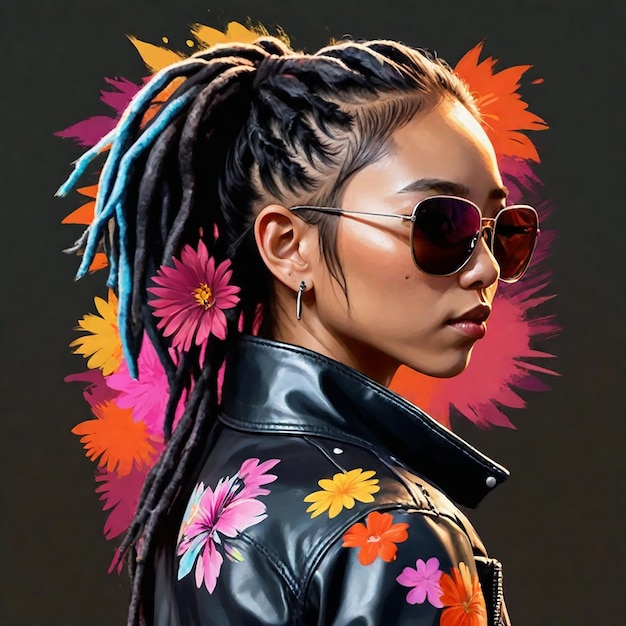 a woman wearing a jacket with flowers and sunglasses on it