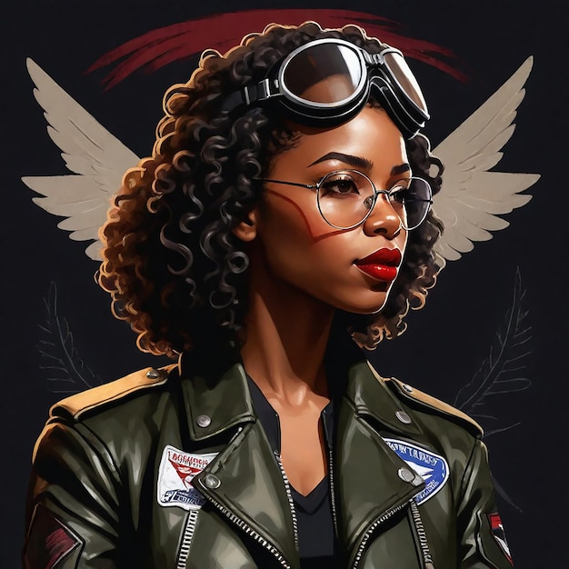 a woman wearing a jacket with wings and a pair of glasses