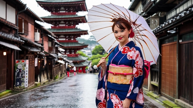 Woman wearing japanese traditional kimono with umbrella at yasaka pagoda and sannen zaka street in