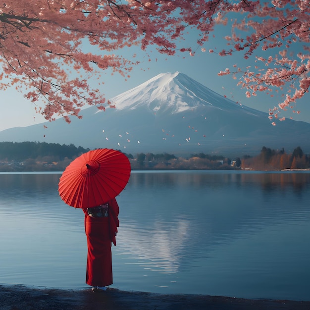 赤い傘を持ったキモノを着た女性が富士山の前に立っている朝の光に桜の花が落ちる桜の木の下の湖のそば