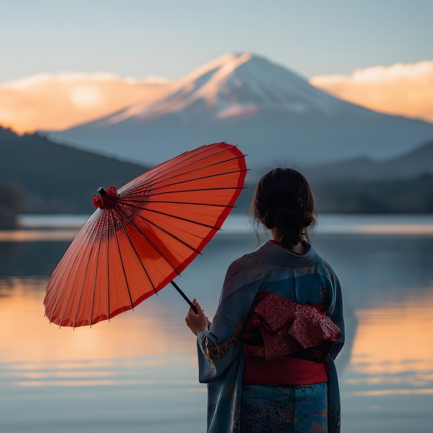 赤い傘を持ったキモノを着た女性が湖の近くの富士山の前に立っています