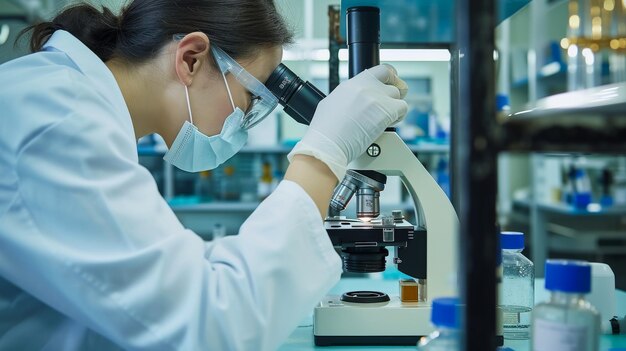 Photo a woman wearing a lab coat and a mask is looking through a microscope
