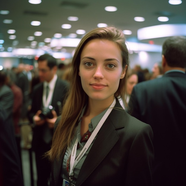 A woman wearing a lanyard with a name tag on it
