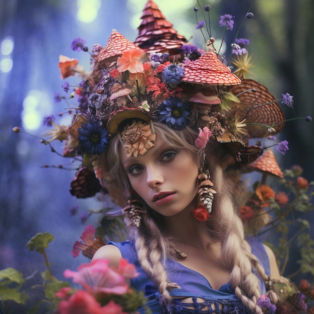 A woman wearing a large elaborate headdress made of flowers and mushrooms