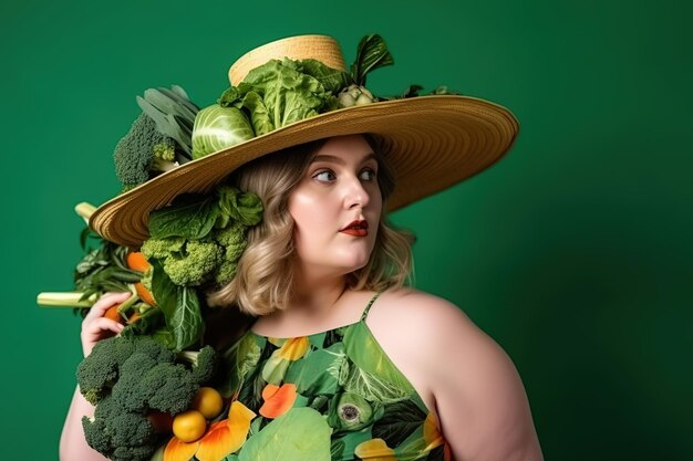 A woman wearing a large hat with vegetables on it