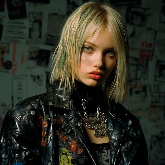 Woman wearing leather jacket Acid graphics 2000s style cyberpunk