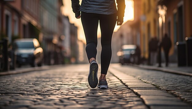 Foto una donna che indossa leggings e scarpe da ginnastica in stile street style una strada cittadina una donna che cammina per strada