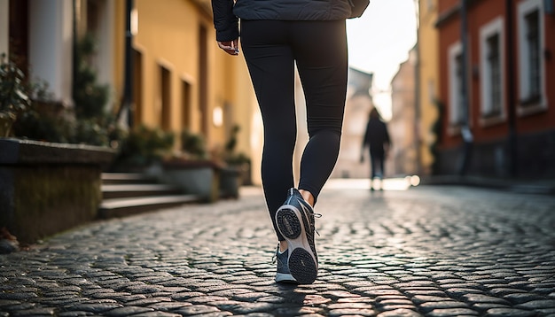 A woman wearing leggings and sneakers street style a city street a woman walking down the street