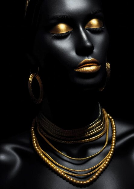 Woman wearing makeup and jewelry in golden color on conceptual black background for frame