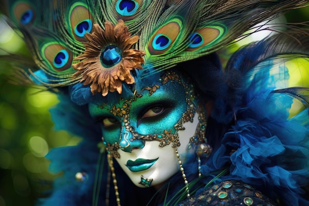 a woman wearing a mask and feathers