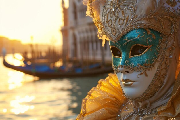 Photo a woman wearing a mask in front of a canal