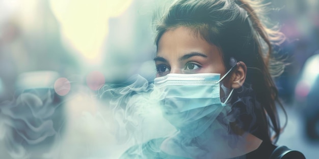 A woman wearing a mask is looking at the camera The image has a blurry background and a hazy atmosph