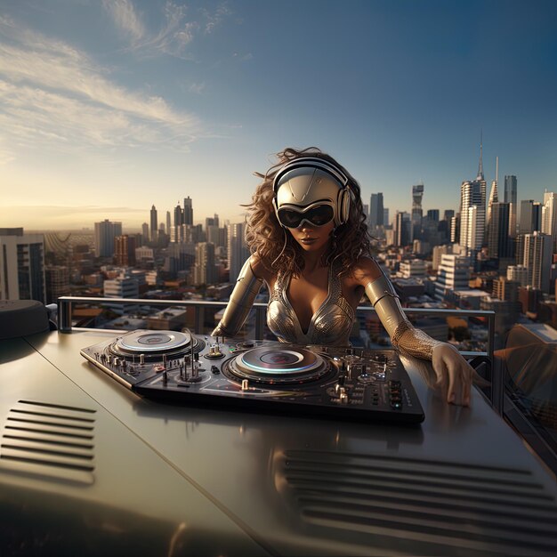 a woman wearing a mask is on a table with a dj set up