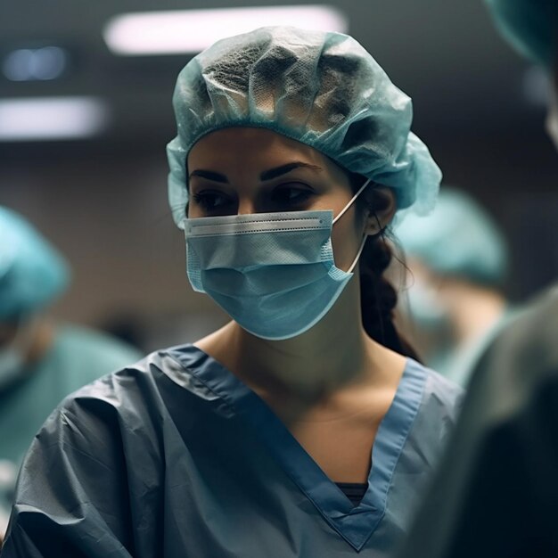 A woman wearing a mask and a mask stands in a dark room.