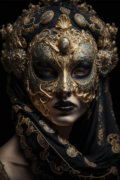 A woman wearing a mask with gold and black designs.