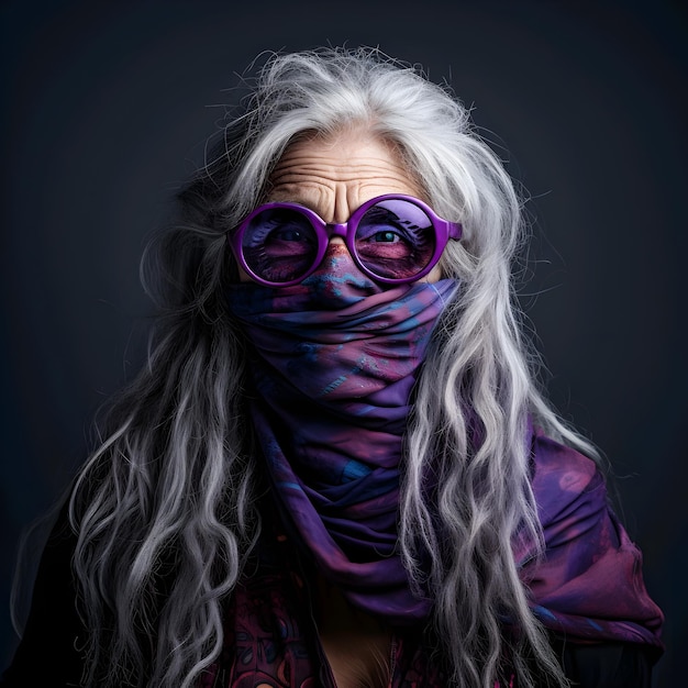 a woman wearing a mask with purple and purple on it