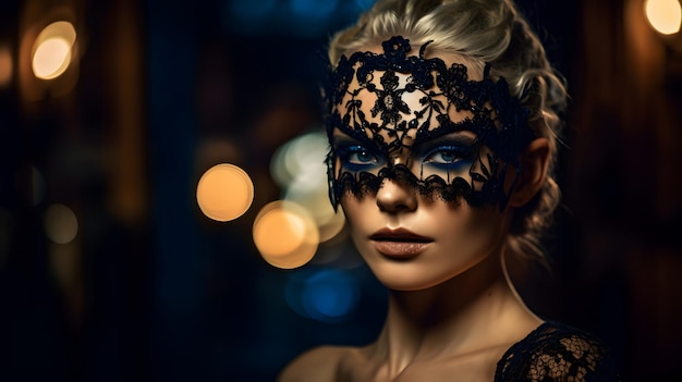 A woman wearing a mask with the word masquerade on it