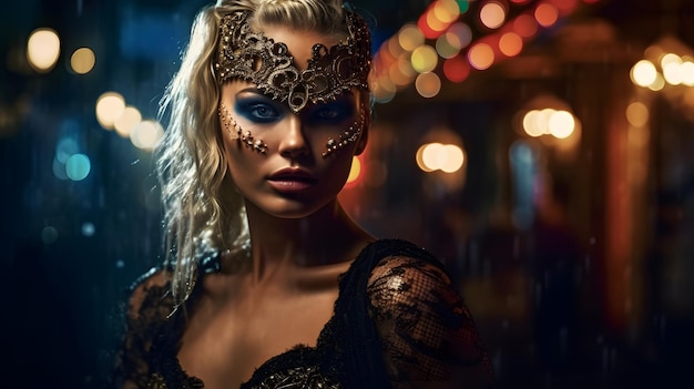 A woman wearing a mask with the word masquerade on it