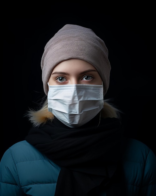 a woman wearing a medical mask against a black background