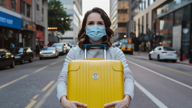노란색 수하물을 들고 있는 의료 마스크를 착용한 여성