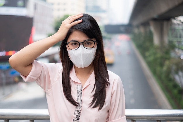 woman wearing N95 respiratory mask protect and filter pm2.5 