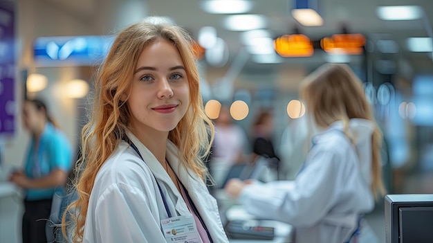 a woman wearing a name tag on her neck