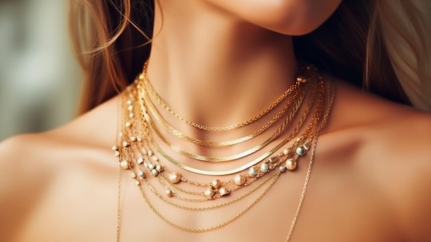 Женщина в ожерелье с золотыми бусинами и жемчугом
