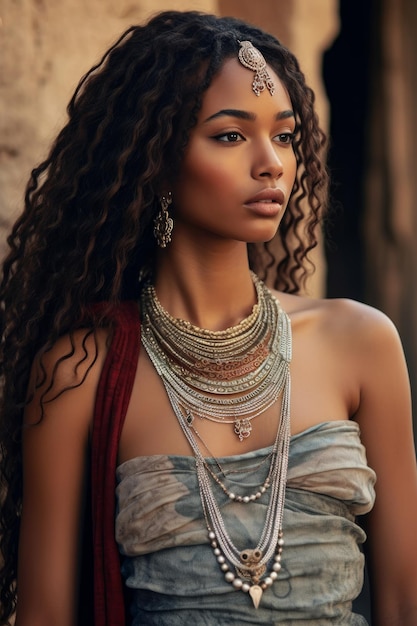 A woman wearing a necklace with the word love on it